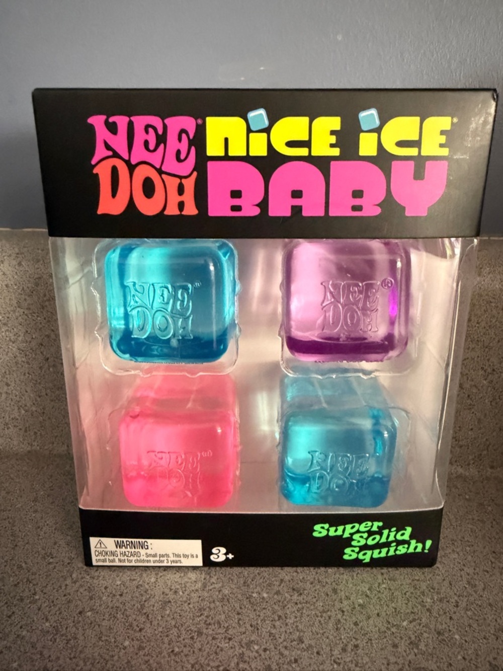 New Nee Doh Nice Ice Baby 4 Pack Mini Cube Purple Super Solid Squish Blue Pink